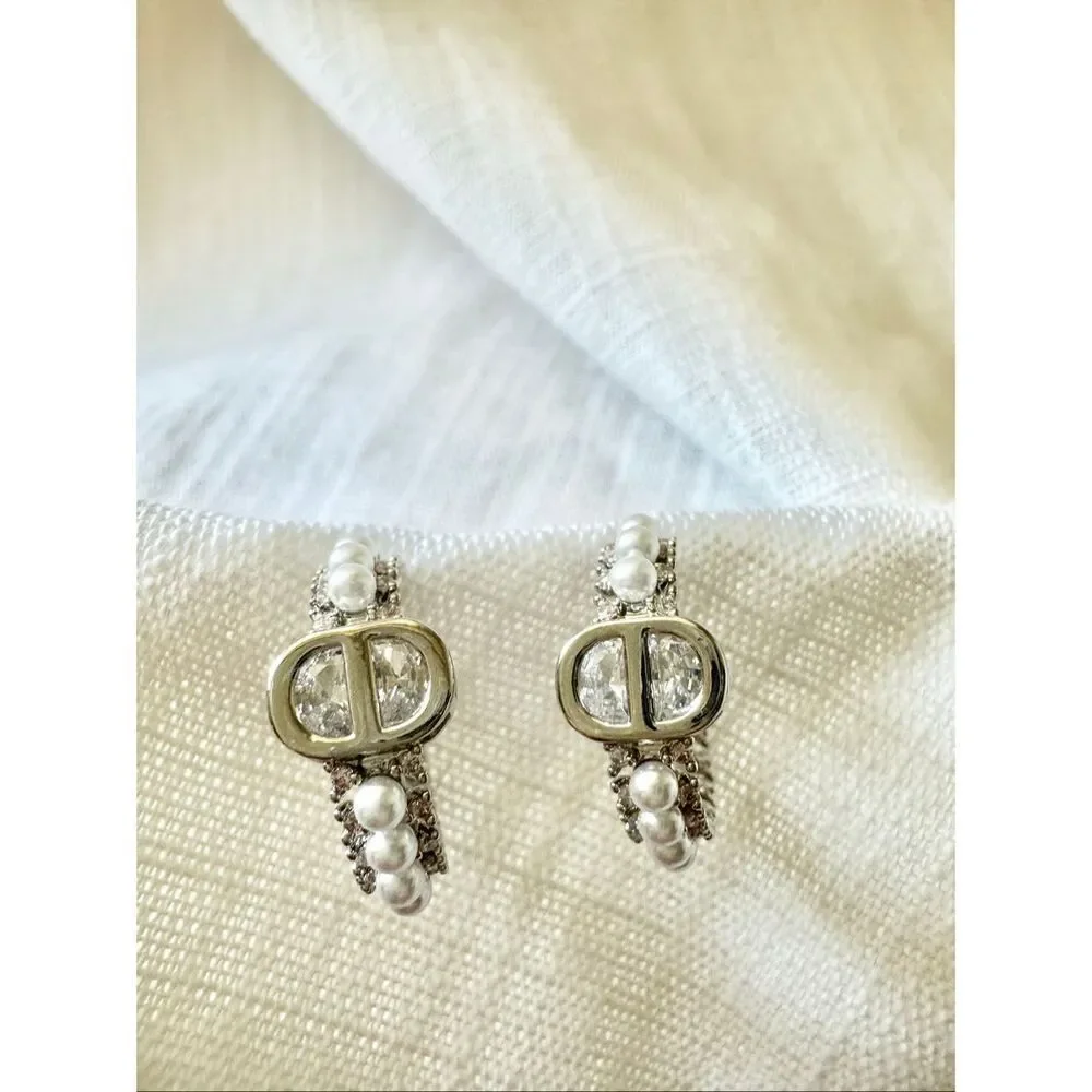 Cubic zirconia faux pearl hoop earrings